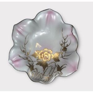 Vintage Porcelain Leaf Floral Flower Trinket Dish Gold Trim & Roses Pink EUC